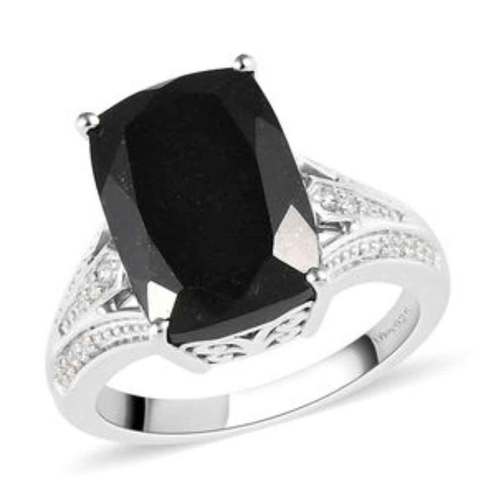 Australian Black Tourmaline, Natural White Zircon Split Shank Ring in Platinum O